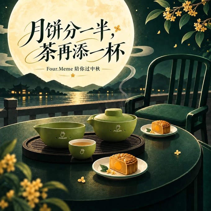 A beautifully illustrated Mid-Autumn Festival scene featuring a full moon, tea set, and mooncakes on a balcony overlooking a serene lake, with the Chinese text "月饼分一半，茶再添一杯" (Share half a mooncake, pour another cup of tea) and "Four.Meme 陪你过中秋" (Four.Meme accompanies you through Mid-Autumn). The warm, inviting imagery perfectly complements the post's theme of sharing tea and mooncakes with loved ones this festival, promoting a giveaway where Four.Meme selects community friends to receive a Mid-Autumn tea gift.