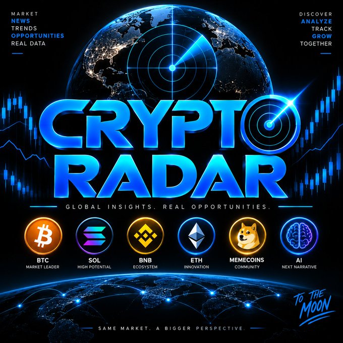 A vibrant promotional graphic titled 'CRYPTO RADAR' with the tagline 'GLOBAL INSIGHTS. REAL OPPORTUNITIES', showing icons for BTC, SOL, BNB, ETH, MEMECOINS, and AI.