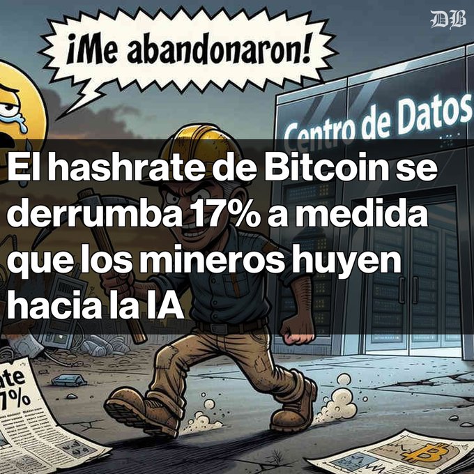 The image is a cartoon showing a dejected Bitcoin miner wearing a hard hat and running away from a data center ("Centro de Datos"), with a Bitcoin character in the background crying "¡Me abandonaron!" (They abandoned me!) while holding a pickaxe.

The overlaid headline reads: "El hashrate de Bitcoin se derrumba 17% a medida que los mineros huyen hacia la IA" (Bitcoin's hashrate collapses 17% as miners flee toward AI), visually illustrating the post's message about miners abandoning Bitcoin mining for more profitable AI contracts.