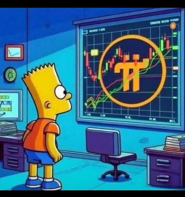 A cartoon Bart Simpson stares at a large screen displaying Pi Network's logo surrounded by candlestick charts, evoking the speculative atmosphere of Pi holders anticipating a potential unlock or listing. The image playfully reflects the post's concern about low-balance "pioneers" potentially cashing out their Pi coins for minimal value, like pennies on the dollar, once a mainnet unlock occurs.