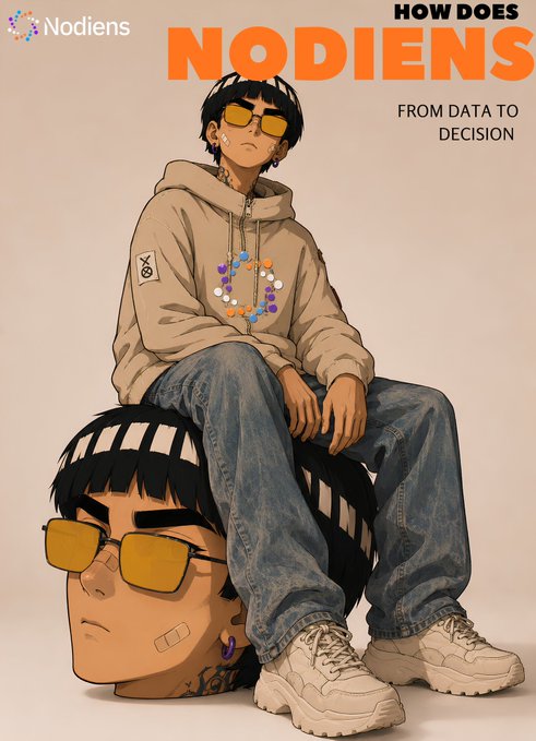 Promotional image for 'Nodiens' featuring an anime-style male character in a beige hoodie, sunglasses, and jeans sitting on a large head sculpture, with the tagline 'HOW DOES NODIENS FROM DATA TO DECISION'.