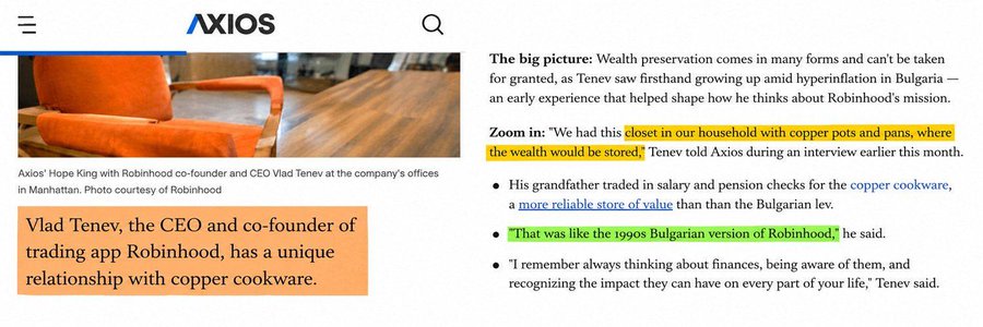 This image features text from an Axios article discussing Robinhood CEO Vlad Tenev's unique relationship with copper cookware, highlighting his childhood experiences with wealth preservation in Bulgaria. The post relates this to a meme coin called $COOKWARE.
