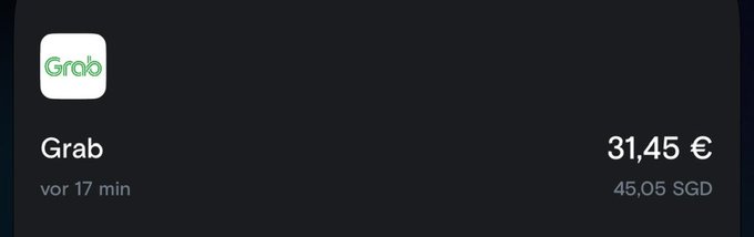 Financial widget showing Grab stock price at 31.45 € (45.05 SGD), updated 17 minutes ago.