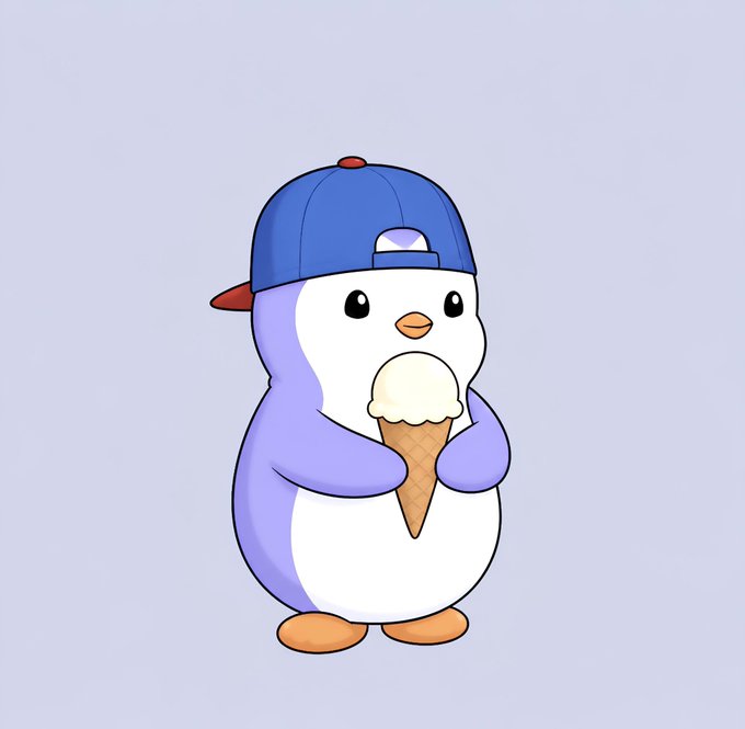 A cartoon penguin wearing a blue backwards baseball cap while holding and eating a vanilla ice cream cone.