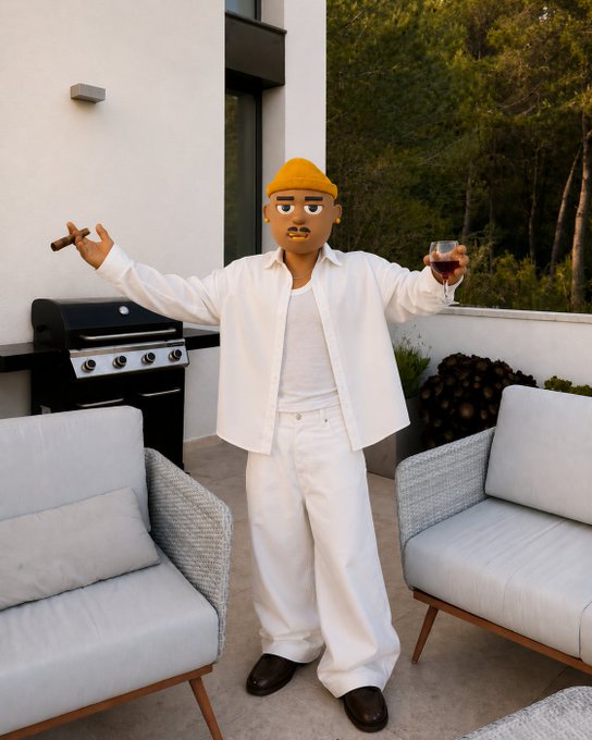 A person standing on a patio with arms outstretched, wearing a white shirt and pants, with their face replaced by a 3D animated character wearing a yellow beanie, holding a cigar and a glass of red wine.