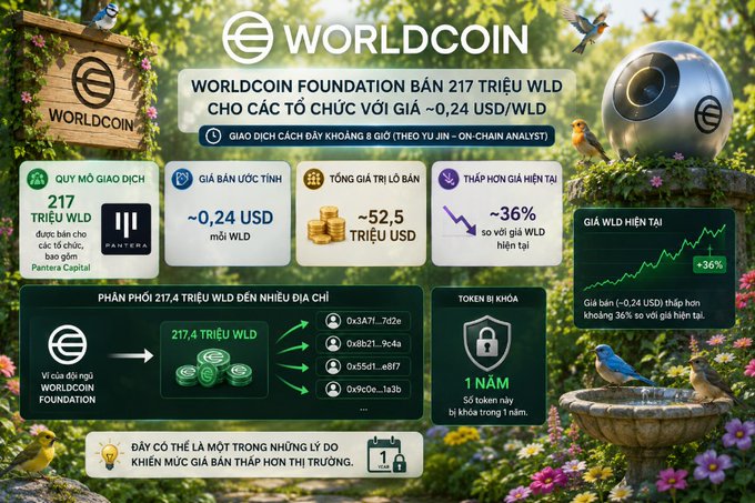 A Vietnamese-language infographic about Worldcoin Foundation selling 217 million WLD tokens at approximately $0.24 USD/WLD, featuring the Worldcoin logo, data on trading volumes, and illustrations of birds and a coin in a garden setting.
