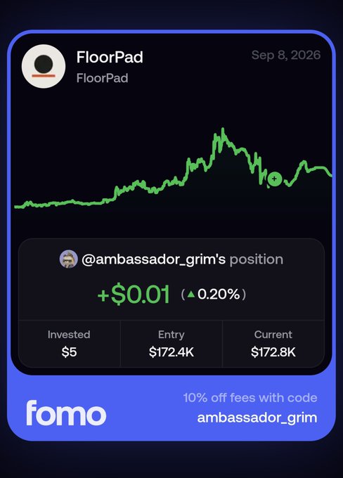 A mobile app screenshot from 'fomo' displays a 'FloorPad' position chart for '@ambassador_grim' showing +$0.01 (0.20%) with $5 invested and a promo code 'ambassador_grim' for 10% off fees.