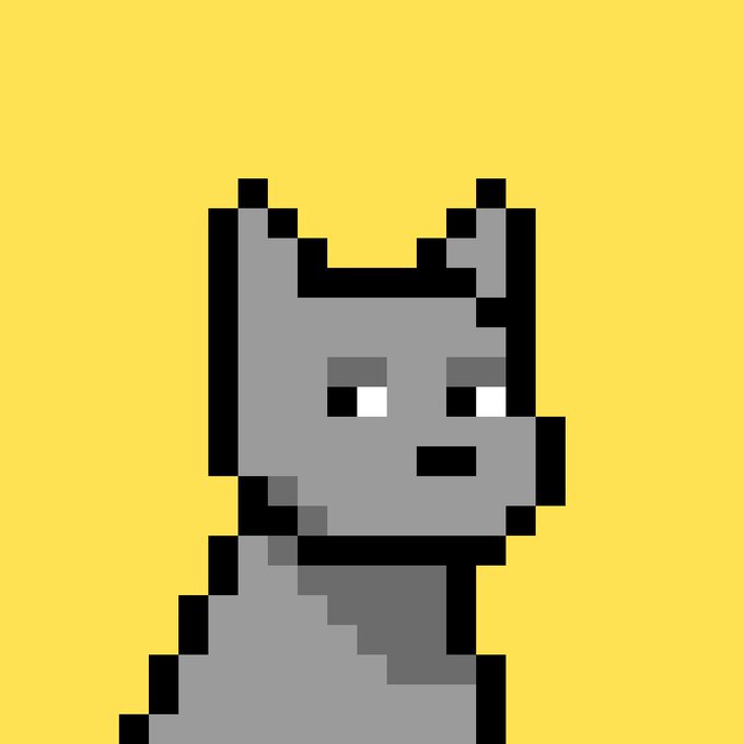 A pixel art illustration of a gray dog-like character with pointy ears on a solid yellow background.