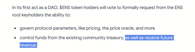Text describing an $ENS token DAO governance proposal, highlighting the phrase 'as well as receive future revenue' in blue, which outlines voting rights to govern protocol parameters and control community treasury funds.