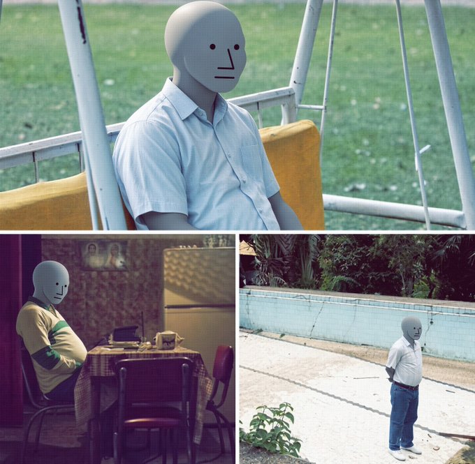 A three-panel collage shows a person with a featureless white mask and minimal face markings in different settings: sitting in a yellow chair, standing by a pool, and sitting at a table.