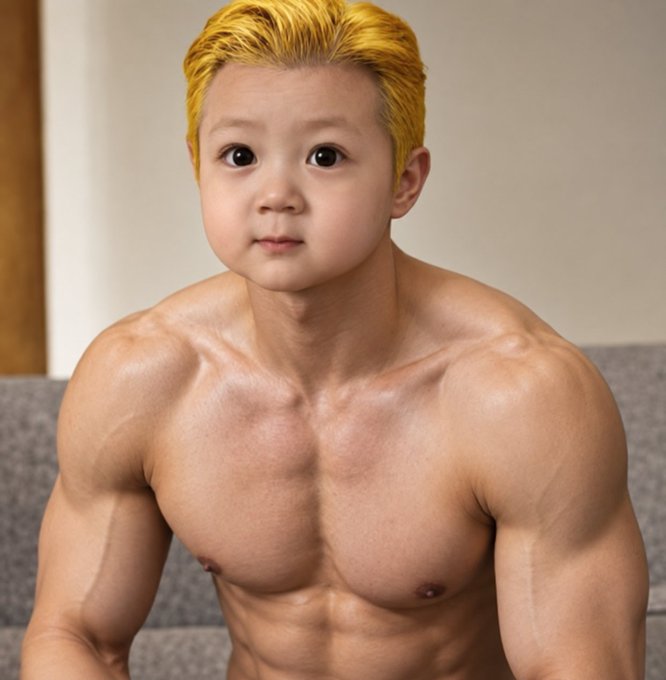 The image shows a young child with bright yellow hair and a comically exaggerated muscular adult body, humorously illustrating the post's ambitious goal of bulking up before tackling the "Thin Skin Club" challenge. The contrast between the child's innocent face and the overly developed physique emphasizes the playful, self-deprecating tone of the fitness commitment.