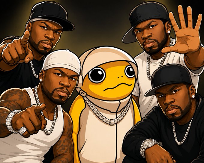 Digital illustration showing four identical hip-hop style men wearing caps and chains surrounding a cartoon character wearing a beige hooded outfit and a chunky chain necklace.