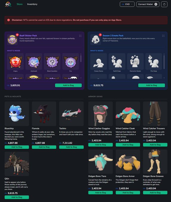 The image shows the Treeverse in-game store featuring various NFT items for sale, including a "Rarif Sticker Pack" (3,605.91) and "Season 2 Emote Pack" (9,615.75), along with Pets & Mounts like "Bluechip" (4,807.88) and "Qilin" (9,615.75), and Armor Skins priced at 2,403.94 each, all available for purchase with the $END token. A disclaimer at the top notes that NFTs cannot be used on iOS due to store regulations, with the post highlighting the store's launch and 25% discount for paying in $END.