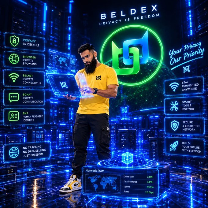 A promotional graphic for 'BELDEX - PRIVACY IS FREEDOM' features a bearded man in a yellow shirt interacting with futuristic holographic screens displaying features like 'PRIVACY BY DEFAULT,' 'BROWSER PRIVATE BROWSING,' and 'BCHAT PRIVATE COMMUNICATION,' with network stats showing 2.6M+ online users.