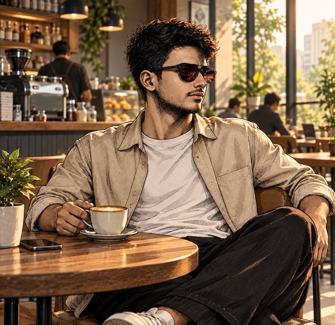 A young man with curly hair wearing sunglasses, a beige shirt, and a white tee sits at a wooden café table holding a cup of coffee, with a barista and coffee bar visible in the background.