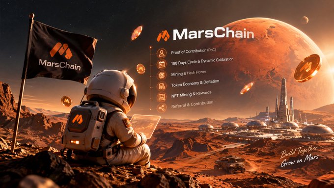 A promotional graphic for MarsChain cryptocurrency featuring an astronaut overlooking a Mars colony, with a flag displaying the MarsChain logo and feature text including 'Proof of Contribution (PoC)', '188 Days Cycle & Dynamic Calibration', 'Mining & Hash Power', 'Token Economy & Deflation', 'NFT Mining & Rewards', and 'Referral & Contribution', plus the tagline 'Build together Grow on Mars'.