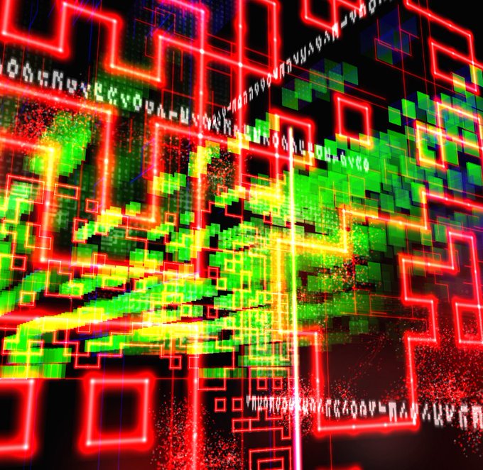 An abstract digital art piece featuring a maze-like pattern of glowing red neon squares against a background of bright green pixelated blocks and streaks.