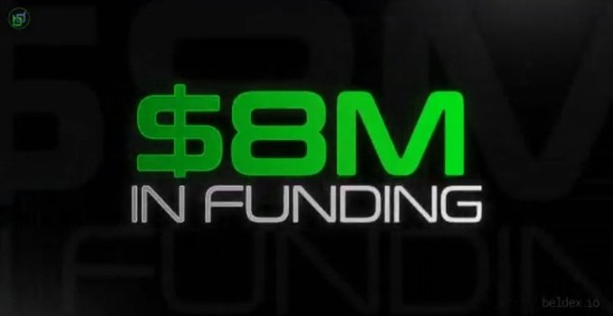 A bold graphic announces '$8M IN FUNDING' in bright green and white text against a dark background.