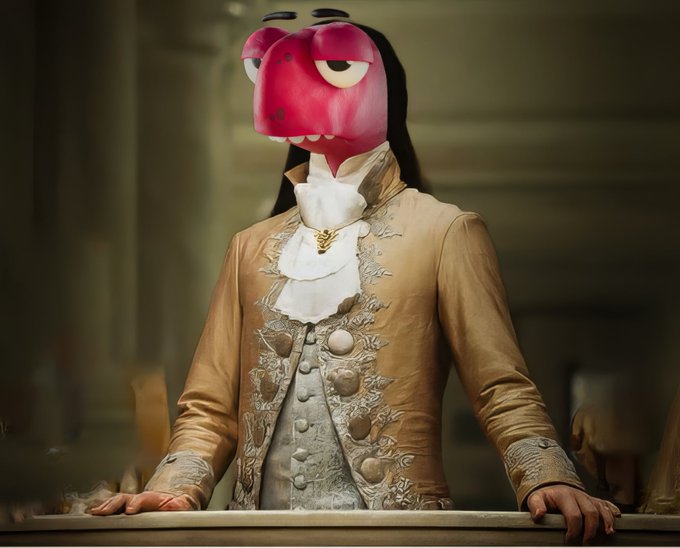 A surreal image of a figure dressed in an ornate 18th-century cream-colored coat and cravat, but with a pink cartoon dinosaur head featuring large eyes.