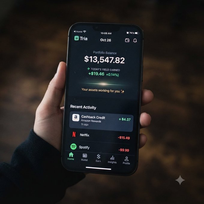 A hand holds a smartphone displaying a financial app called 'Tria' with a portfolio balance of $13,547.82 and recent activity including Amazon, Netflix, and Spotify transactions.