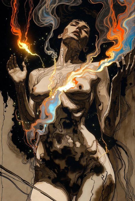 An artistic illustration of a woman in a state of ecstasy or transformation, with swirling flames and tendrils of fire and smoke emanating from her body against a dark, starry background.