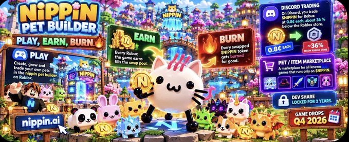 A promotional banner for "Nippin Pet Builder" on Roblox showcases a colorful, anime-style gameplay scene featuring various cute pet characters, with sections highlighting "PLAY" (create, grow, and trade pets in the nippin pet builder on Roblox), "EARN" (every Robux from the game earns fills the swap pool), and "BURN" (every swapped $NIPPIN token is permanently burned for good), alongside a record trading widget showing $NIPPIN's recent 36% surge at 0.8¢. Additional details include a pet/item marketplace, a locked 2-year dev share, and a game drop scheduled for Q4 2026, reinforcing the "Play. Earn. Burn." crypto-gaming concept.
