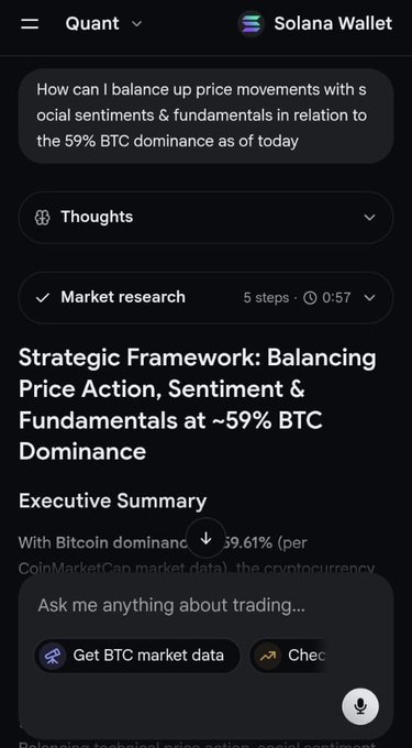 A Solana Wallet app interface showing a query about balancing price movements with social sentiments regarding the 59% BTC dominance, with a strategic framework response titled 'Strategic Framework: Balancing Price Action, Sentiment & Fundamentals at ~59% BTC Dominance.'