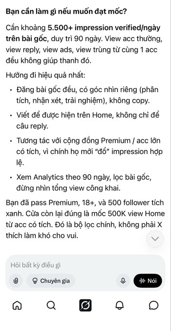 A Vietnamese-language social media thread discussing how to reach a milestone of 5,500+ verified impressions per day for 90 days, with tips including posting original content, engaging with Premium communities, and reviewing 90-day analytics.