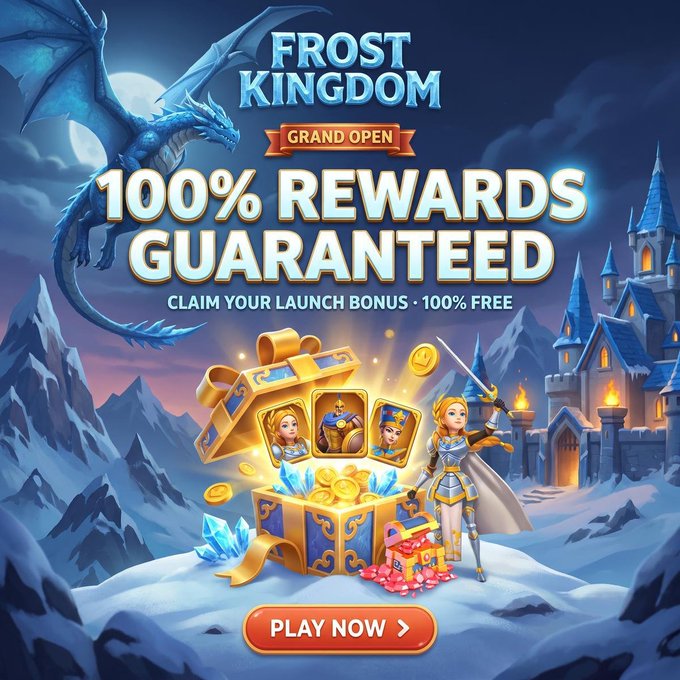A promotional banner for the mobile game "Frost Kingdom" advertises its "Grand Open" launch with "100% Rewards Guaranteed" and a "100% Free" launch bonus, featuring a blue ice dragon, a female warrior knight, treasure chests overflowing with gold and gems, and a "Play Now" call-to-action—visually capturing the rewards-driven "Play-to-Earn" incentive central to the GameFi Season 2 alliance leaderboard competition offering $ONE token prizes.