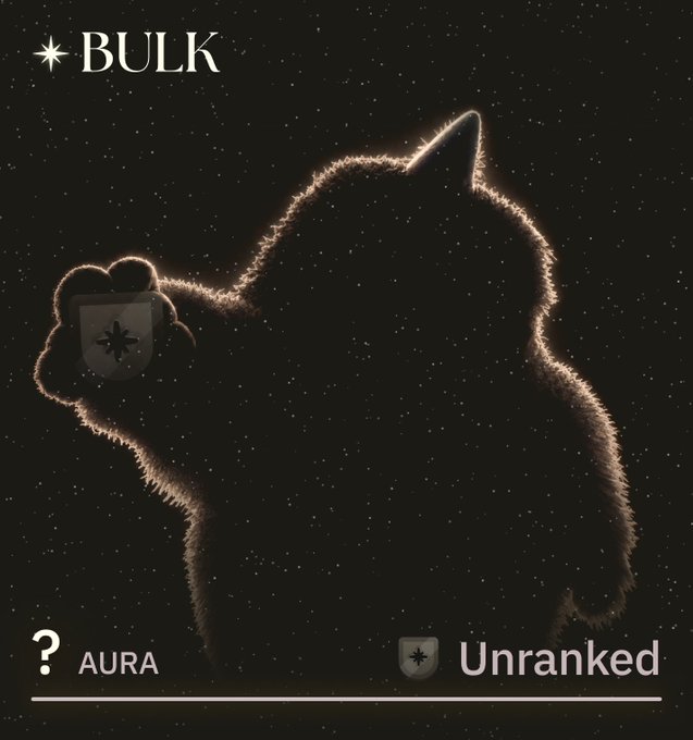The image shows a profile card displaying the username "BULK" with an aura question mark and an "Unranked" status against a starry cosmic background featuring a glowing cat silhouette. It humorously responds to the "What rank are you bro?" post by revealing the user has no rank at all.