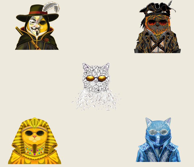 The image displays five uniquely designed NFT cat characters, including a Guy Fawkes-masked cat in a feathered hat, a fiery lava-textured cat in a pirate hat, a white crystalline cat, a golden Egyptian pharaoh cat, and a blue armored cat with goggles. These diverse, hand-crafted feline avatars illustrate the post's celebration of Yellowcatz_ as an emerging NFT project featuring rare, zero-duplicate traits and artistic variety within its collection.