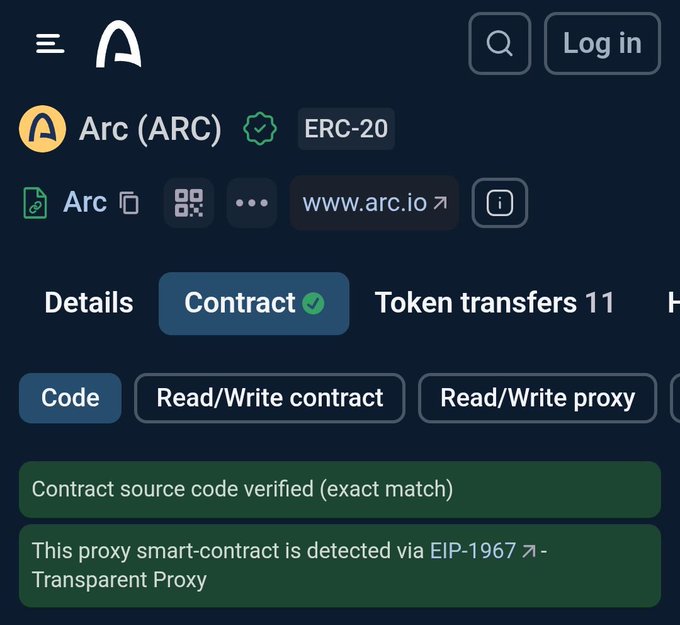 A blockchain explorer interface showing the Arc (ARC) ERC-20 token contract page at www.arc.io, with verified contract source code and EIP-1967 Transparent Proxy detection.