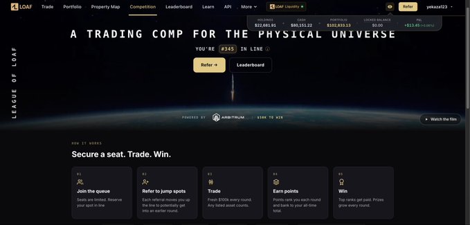 A screenshot of the LOAF (League of LOAF) website, described as 'A Trading Comp for the Physical Universe', showing user 'yeaaaa23' ranked #345.