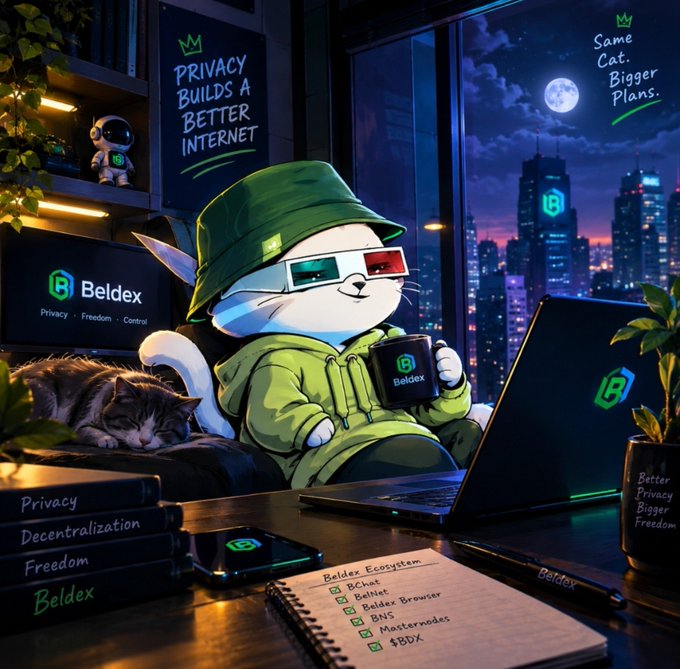 A digital illustration shows a white cat wearing 3D glasses and a green bucket hat, promoting 'Beldex' with the text 'PRIVACY BUILDS A BETTER INTERNET' and 'Same Cat. Bigger Plans.'