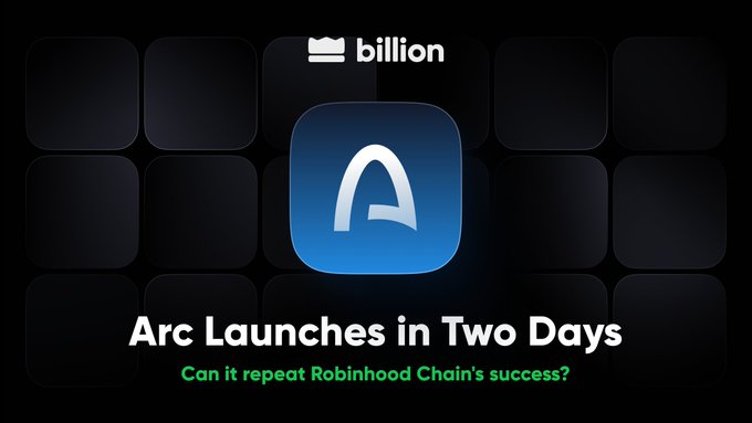 A promotional graphic featuring the Arc browser logo with text reading 'Arc Launches in Two Days' and 'Can it repeat Robinhood Chain's success?' along with a 'billion' logo at the top.