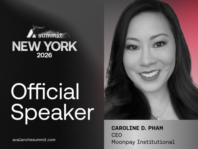 The image is a promotional graphic announcing Caroline D. Pham, CEO of Moonpay Institutional, as an official speaker at the Avalanche Summit New York 2026, which aligns with the post announcing her upcoming talk on stablecoins at the event.