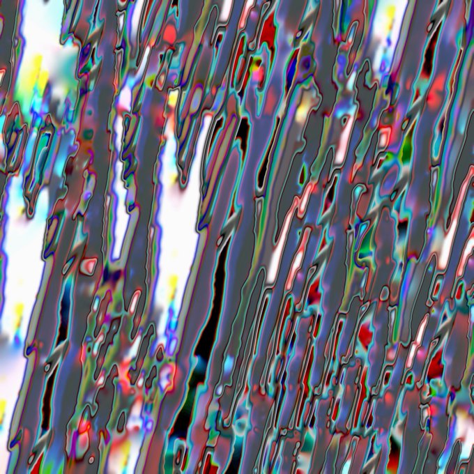 An abstract digital artwork featuring vertical wavy streaks in dark blues, reds, and other colors creating a distorted, liquid-like pattern.