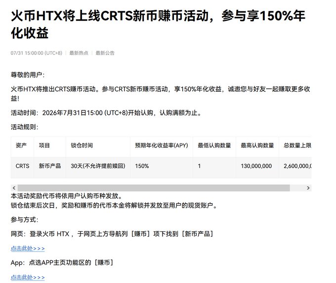 HTX (formerly Huobi) announcement promoting a new CRTS token earn/staking product offering 150% APY over 30 days, with subscription opening July 31, 2026 at 15:00 (UTC+8), minimum purchase of 1 CRTS and maximum of 130,000,000 CRTS per user (total cap 2,600,000 CRTS).