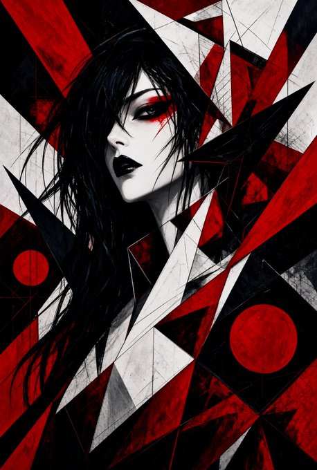 A stylized portrait illustration of a pale woman with dark hair and red makeup, set against a chaotic background of red, black, and white geometric shapes.