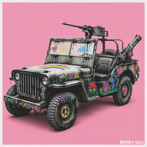 An artistic rendering of a military-style Jeep covered in childlike, colorful drawings including hearts, rainbows, peace symbols, and a "NOT A WEAPON" license plate, set against a pink background. The text "BEVERLY KILLS" appears in the corner.