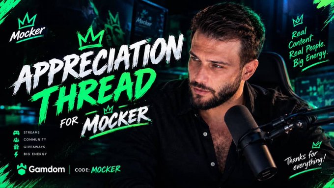 A promotional banner for 'Mocker' featuring a bearded man at a microphone, with text reading 'APPRECIATION THREAD FOR MOCKER', 'Real Content. Real People. Big Energy.', and 'Gamdom | CODE: MOCKER'.
