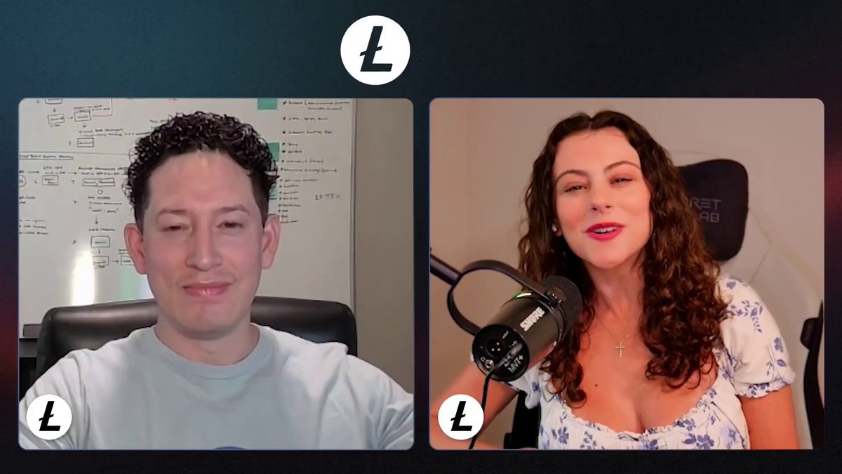 The image shows a man and woman sitting behind microphones, likely participating in an online interview or podcast recording session. The woman has curly hair and is wearing a blue dress, while the man is dressed in a white shirt. They are both smiling at the camera, indicating that they are enjoying themselves during the conversation. The post suggests that they might be discussing the cryptocurrency market, specifically Litecoin, as it is mentioned to be "Why Litecoin? Vibrant community. Rock-solid fundamentals. Hunger for innovation."