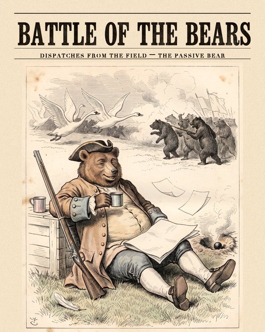 A vintage-style poster titled 'BATTLE OF THE BEARS: DISPATCHES FROM THE FIELD — THE PASSIVE BEAR,' depicting an anthropomorphic bear in colonial military attire calmly reading a newspaper while other bears battle in the background.