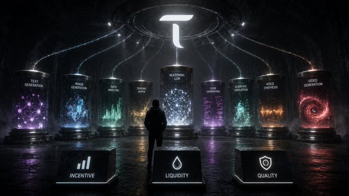 A futuristic digital illustration showing a person standing before glowing cylindrical tanks labeled 'TEXT GENERATION,' 'IMAGE GENERATION,' 'DATA ANALYSIS,' 'REASONING LLM,' 'CODE GENERATION,' 'SCIENTIFIC SIMULATION,' 'VOICE SYNTHESIS,' and 'VIDEO GENERATION,' with pillars marked 'INCENTIVE,' 'LIQUIDITY,' and 'QUALITY.'