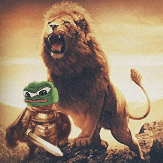 A meme image combining a roaring lion with a Pepe the Frog character dressed as a warrior with a sword.