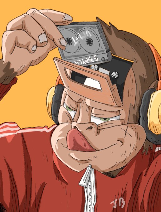 A stylized cartoon illustration of a gorilla wearing headphones and a red track jacket, holding a cassette tape to its forehead.
