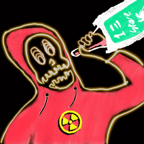 A crude neon-colored digital drawing shows a skull-faced figure in a pink hoodie with a radiation symbol, holding up a green card or sign.