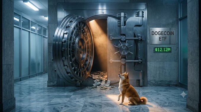 A Shiba Inu dog sits before an open bank vault filled with money, with a sign reading 'DOGECOIN ETF' and a green display showing '$12.12M'.
