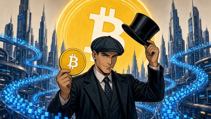 An anime-style illustration of a man in a black suit and cap tipping a black top hat while holding a Bitcoin coin, set against a futuristic cityscape with a large Bitcoin symbol and glowing blue digital streams.