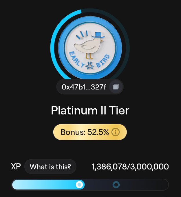 A digital interface shows an 'Early Bird' NFT badge with a wallet address '0x47b1...327f', indicating a 'Platinum II Tier' status with a 'Bonus: 52.5%' and XP progress of 1,386,078/3,000,000.